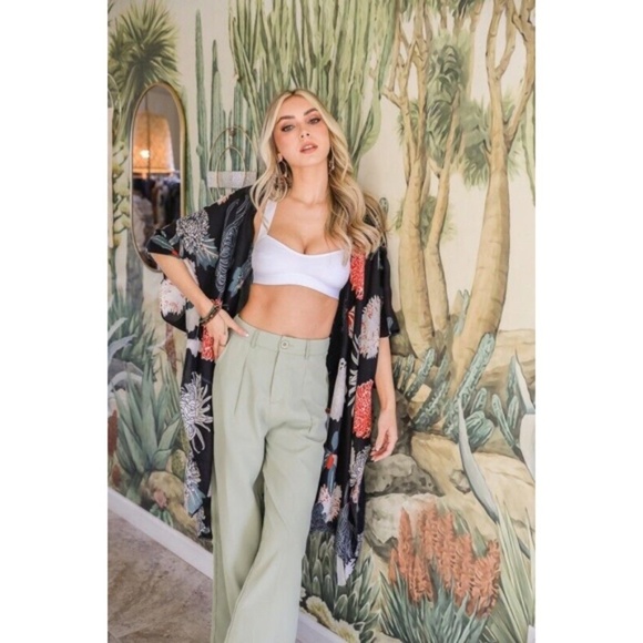 Black Floral Flower Print Motif Kimono Wrap Coverup Open Top Casual - Picture 3 of 3